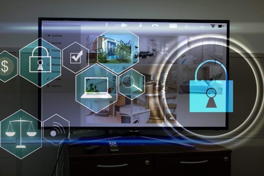 A locked television screen displaying various icons, showcasing the importance of Endpoint Security Solutions