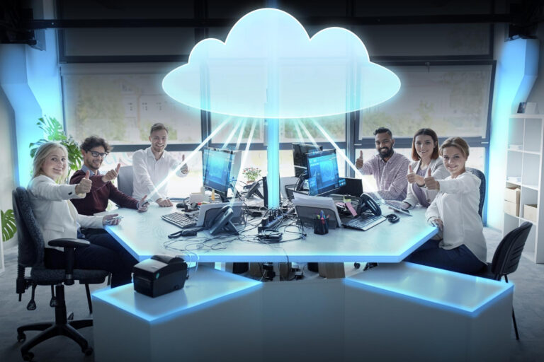 A group of professionals in an office setting, brainstorming with an Innovative Cloud symbolizing creativity and innovation, offering Innovative Cloud Solutions for Businesses.