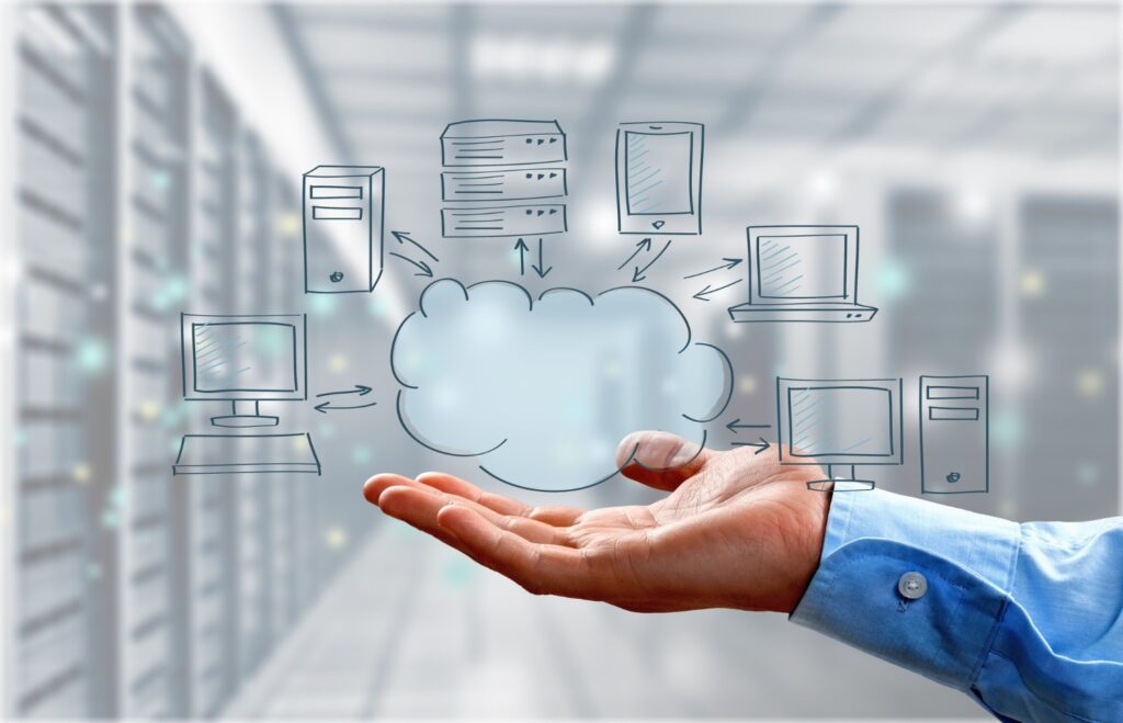 Cloud computing in the business world: A network of interconnected servers storing and processing data for efficient and scalable business operations.