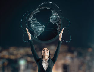 A professional woman proudly holds the world globe above her head, symbolizing her global influence and success.